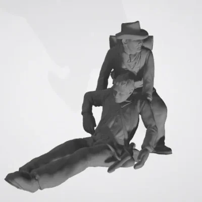 Confederate in hat draging wounded