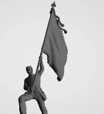 Confederate color bearer in kepi on cannon (normal pants and flag)