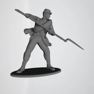 Confederate soldier in kepi attacking with bayonet