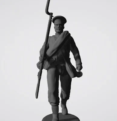 Confederate soldier in wheel cap and blanket roll walking towards enemy