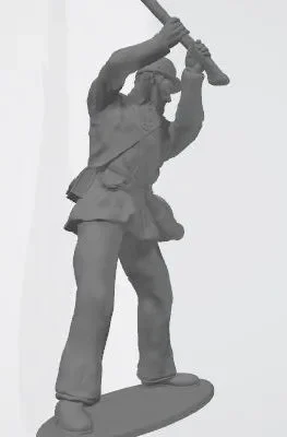 Union soldier in kepi, beard, hitting box with axe