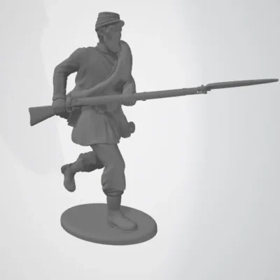 Union private in rolled blanket charging enemy