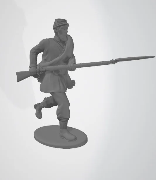 Union private in rolled blanket charging enemy