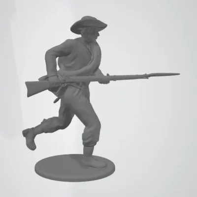 Confederate private in hat and rolled blanket charging enemy