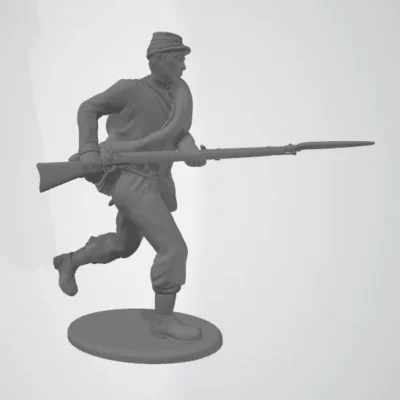 Confederate private in kepi and rolled blanket charging enemy