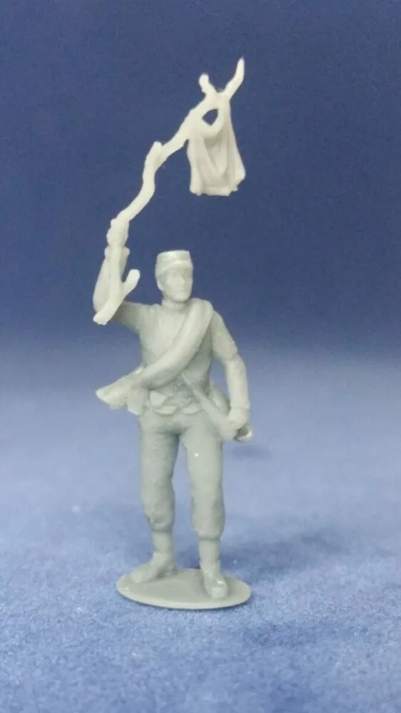 Confederate soldier in kepi raising white flag