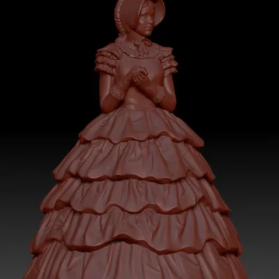 Lady in hoop skirt and bonnet clapping hands