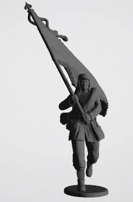 Colorbearer in havelock and blanket roll running with flag