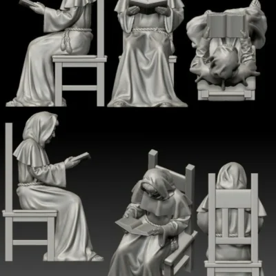 Monk sitting reading hood on face