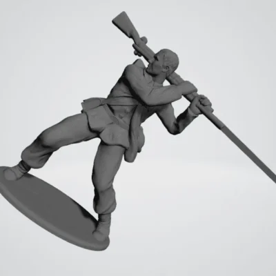 Soldier swings musket bare head