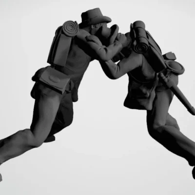 Two figures fighting both wearing hat