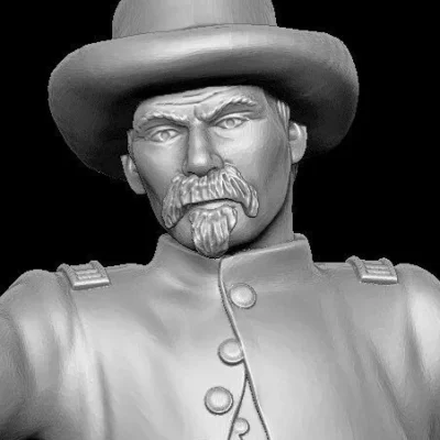 Confederate officer in hat and frock coat advancing with mustache