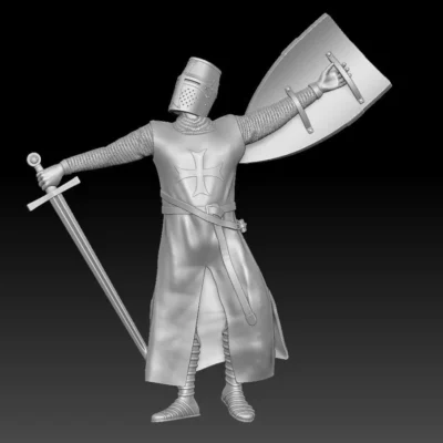 Medieval crusader casualty chainmail, helmet, sword and shield