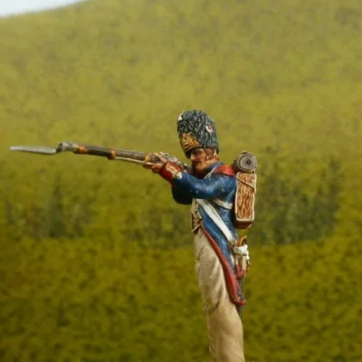 French Grenadier soldier Waterloo 1815 aiming with bayonet