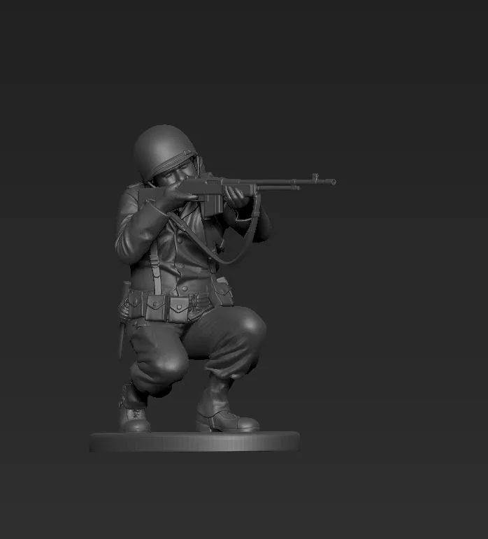 American soldier shooting crouched AS