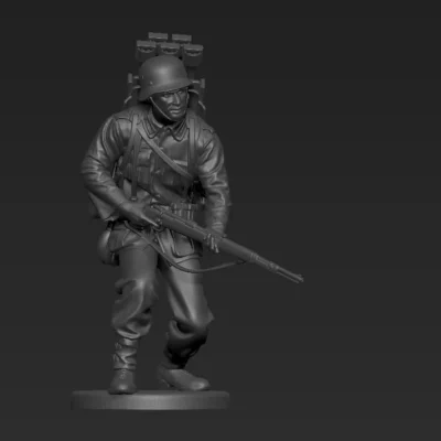 German soldier crouched with rifle an rockets on the back AS