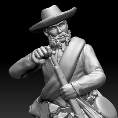 Loading gun in short jacket and hat, Scruffy Beard