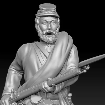 Charging enemy with blanket rolled short jacket, in beard and Forage Cap