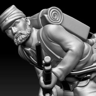 Soldier running with rifle with Kepi Scruffy Beard