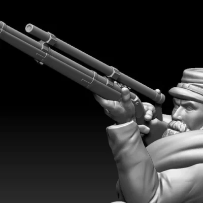 Kneeling sharpshooter short jacket in kepi rolled blanket with beard