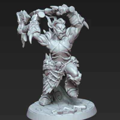 Female orc attacking with sword and axe AG