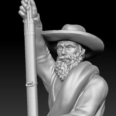 Kneeling soldier loading, short jacket and in hat, scruffy beard