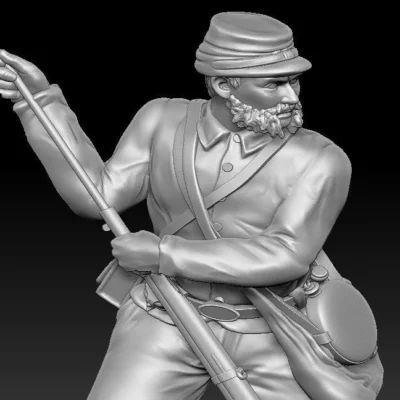 Soldier loading with rammer in barrel, short jacket and kepi, scruffy beard