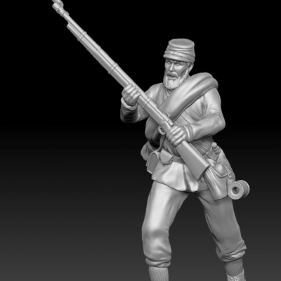 Soldier pushing forward with gun rolled cloth in kepi