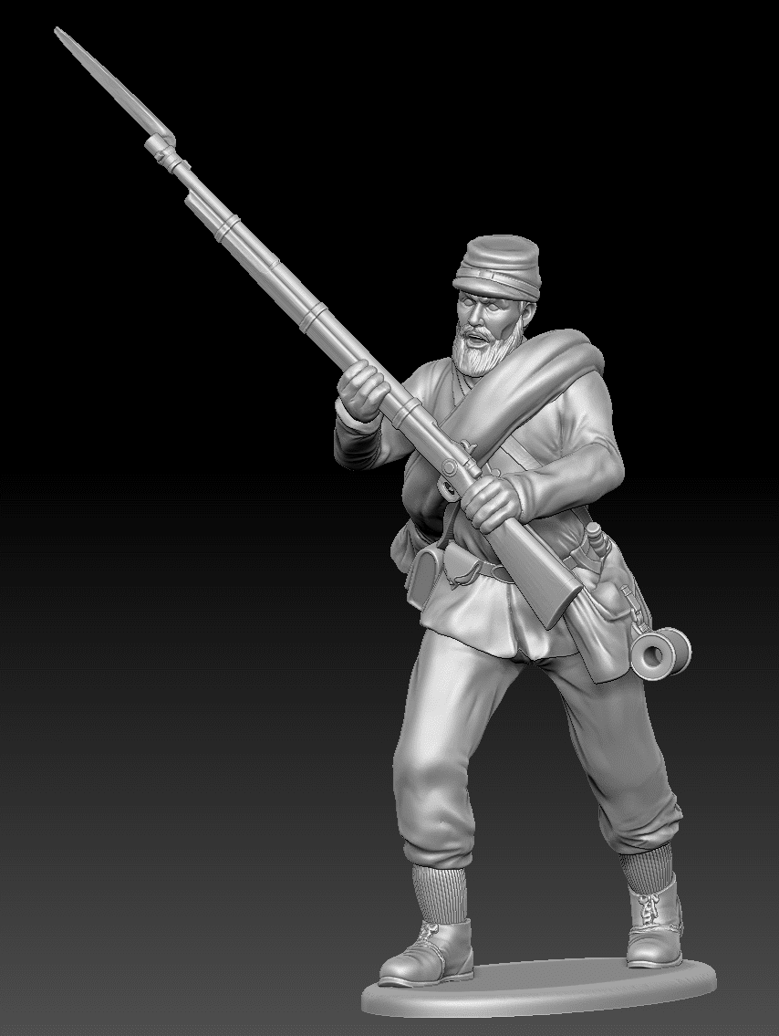 Soldier pushing forward with gun rolled cloth in kepi