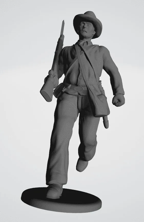 Soldier running with gun up in hat