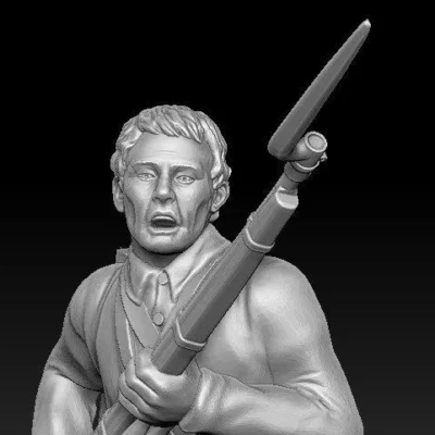 Soldier charging with short jacket bare head