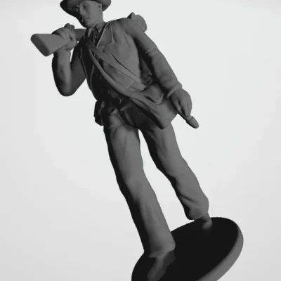 Soldier walking with rifle on shoulder in hat