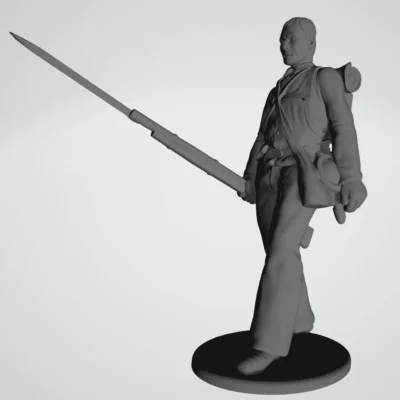 Soldier walking with rifle bare head