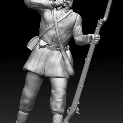 Soldier in hardee hat tearing cartridge in long jacket and kepi, mutton chop sideburns Mustache