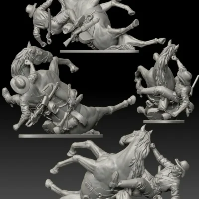 Confederate cavalry dramatic fall, gun on horse