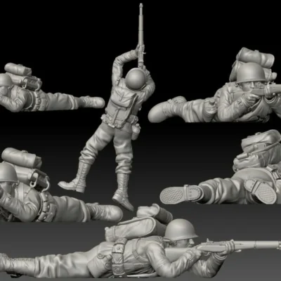 American GI soldier D-day shooting lying on stomach