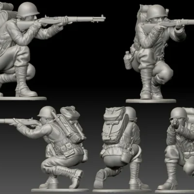 American GI soldier D-day shooting from squat position