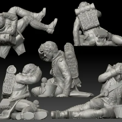 French fusilier1809/12 campaigns, full dress uniform, sitting on ground with hand to head