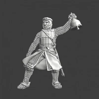 Medieval knight celebrating holding pagan helmet 3D print model - NCM