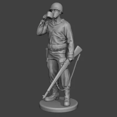 American soldier ww2 standing with M1 Garand, drinking coffee