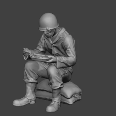 American soldier WW2 sitting eating lunch