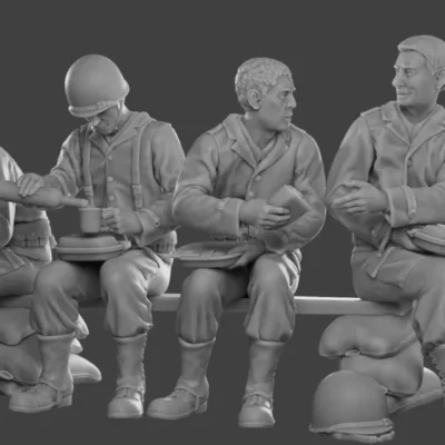 American soldiers WW2 sitting together eating, talking Kit