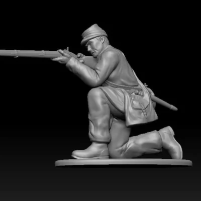 Civil War soldier kneeling shooting, long jacket, kepi