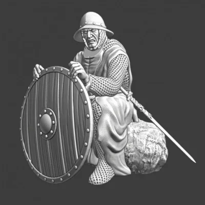 Medieval infantryman sitting with shield at campfire - NCM