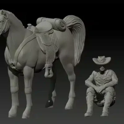 Cowboy and horse resting