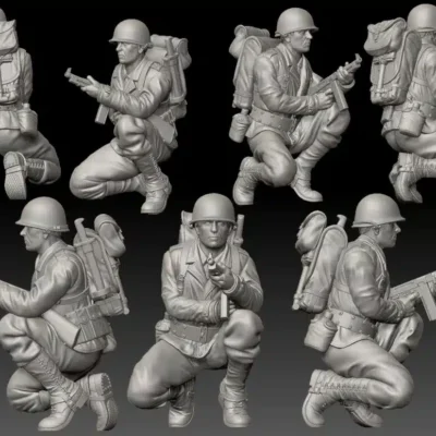 American WW2 GI soldier crouching with Thompson gun