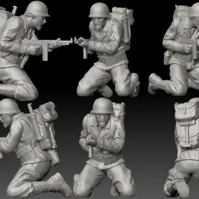 American WW2 GI soldier crouching and spray With Thompson Gun