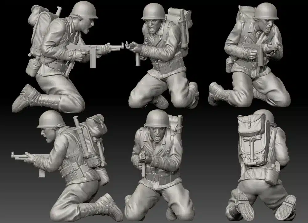 American WW2 GI soldier crouching and spray With Thompson Gun