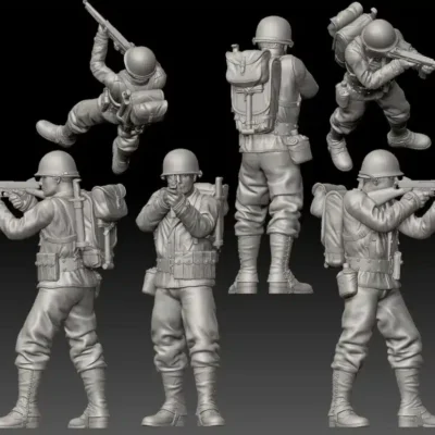 American WW2 GI soldier standing, shooting Thompson Gun