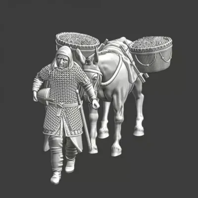 Medieval crusader walking with grain-donkey - NCM